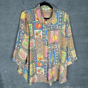 Rose Olive Top Womens 1X Pink Floral Fruit Button Up Lightweight Career Preppy